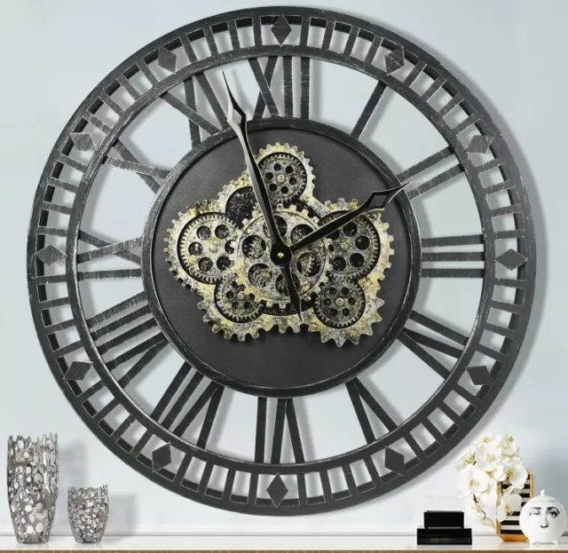 DORBOKER Large Wall Clock with Moving Gears Big Silent Clock 60cm Black