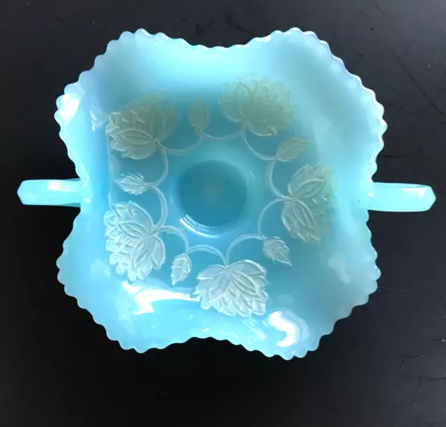Special Fenton Two-Handled Blue Candy Dish Flowers Are Embossed & Frosted White