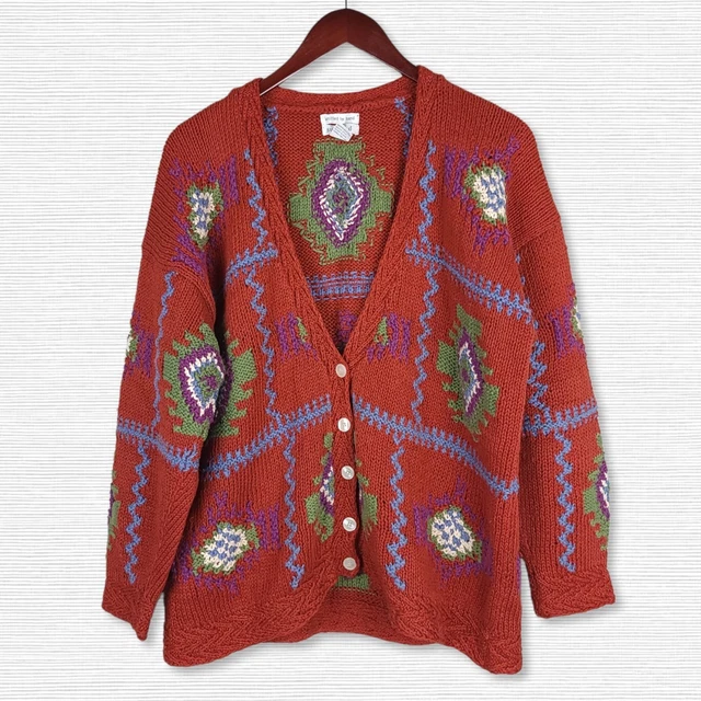 Vtg Susann D Cardigan Womens Large Aztec Button Hand Knit Grannycore Sweater