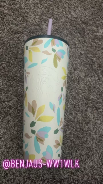 STARBUCKS Winter 2023 Stainless Steel Tumbler White With Flowers 24oz