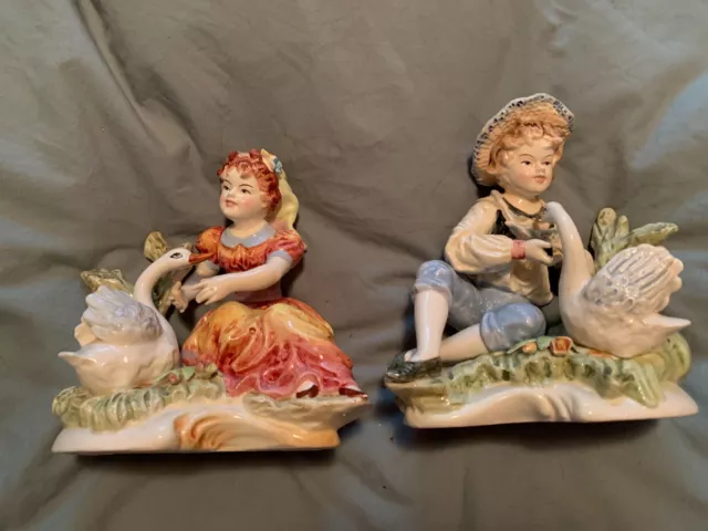 PAIR Vintage Capodimonte Porcelain Girl & Boy Figurines With Swan Duck 8"