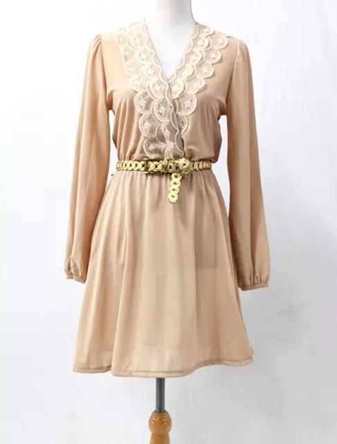 BLAIR Vintage Women 80s Nude Brown Lace Trim Short Dress Size 6 8 10 Small