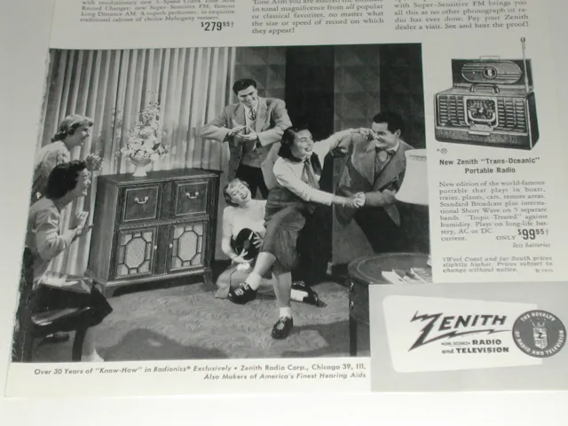 1950 Zenith advertisement, Hi Fi record player cabinet plus Trans-Oceanic Radio