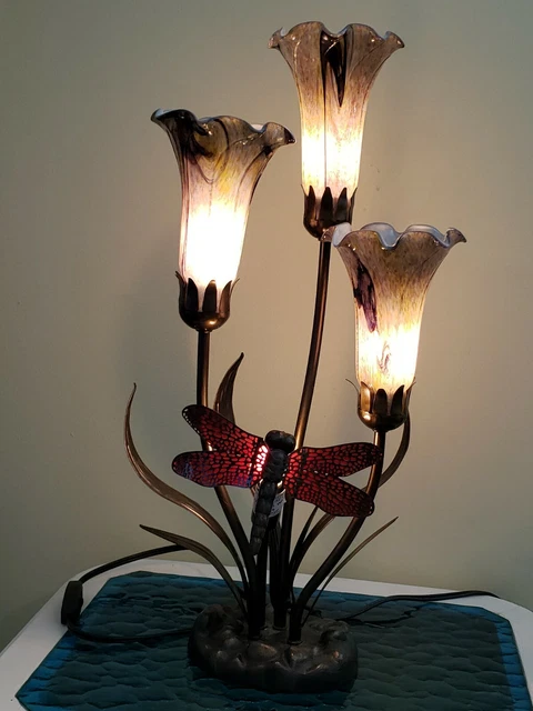 Dale Tiffany STYLE Tulip Lily Dragonfly LAMP 3 Lights 22" tall Brass Base LOVELY