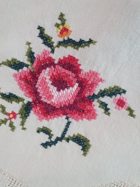62" x 62" Cutwork Cross Stitch Roses Flowers Cottage Chic Round Tablecloth