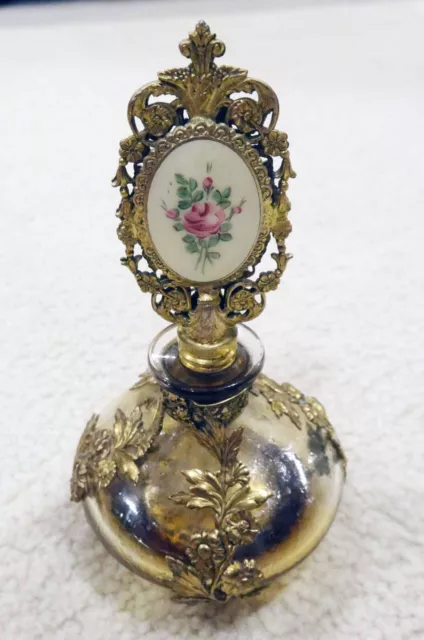 Antique Perfume Bottle Hand Painted Porcelin Floral Guilloche