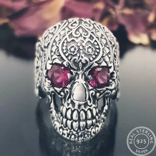 Sterling Silver  Skull Ring For Men CZ Eyes  925 Silver Biker Ring Size 9.5