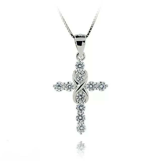 Silver White Plated Crystal Rhinestone Infinity Cross Necklace Pendant Chic