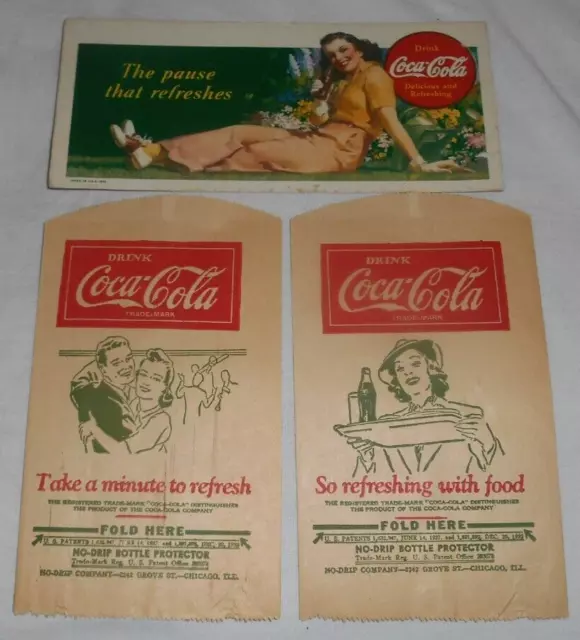 2 1930s Coca-Cola Coke Bottle No-Drip Protector Paper Sleeve + 1941 Blotter