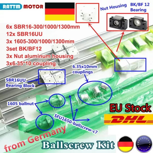 〖DE〗Ballscrew RM1605-300/1000/1300mm &nut &SBR16 Linear Guide& BK12/BF12 CNC Kit