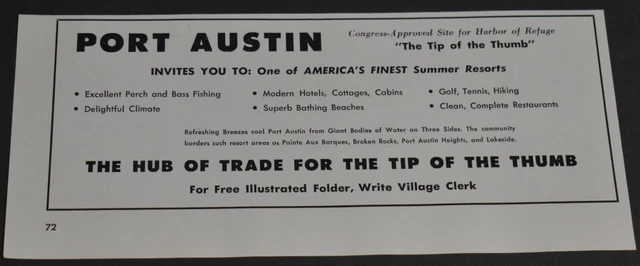 1952 Print Ad Port Austin Tip of the Thumb Michigan Hub of Trade Bathing Beaches