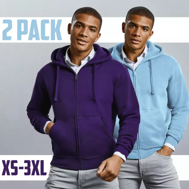 2 Pack Mens Hooded Zipped Sweatshirt Cotton Rich Plain Purple Blue Zip Up Hoodie