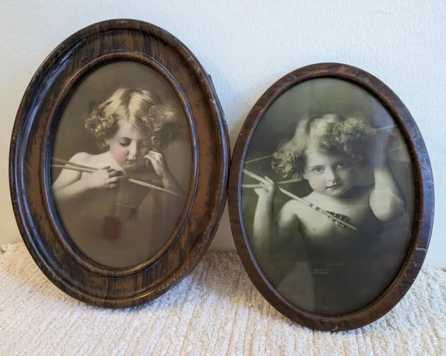 Pair Antique 1897 MB Parkinson Cupid Awake & Asleep Cherubs Angels Oval Frames