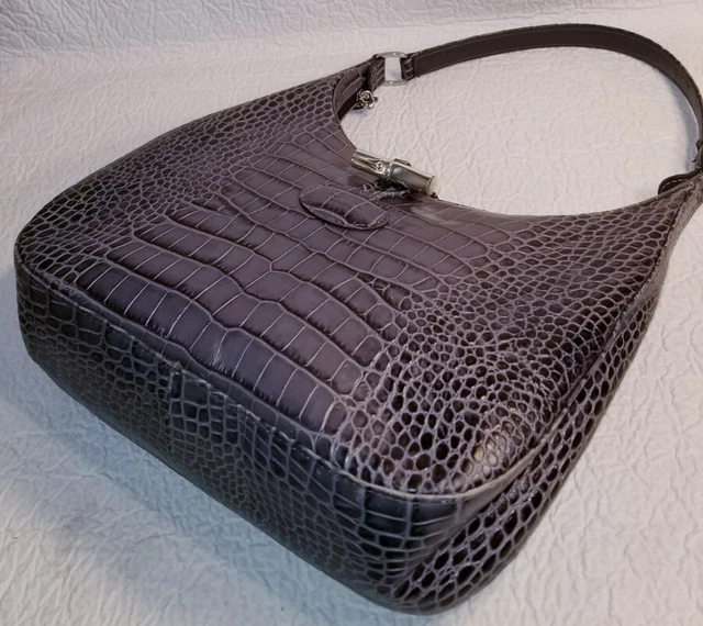 LONGCHAMP Gray Croc Embossed Leather Shoulder Bag Handbag Purse 8