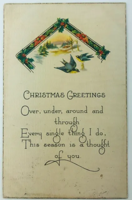 Vintage Christmas Greetings Postcard Blue Birds Winter Scene Holly 1920
