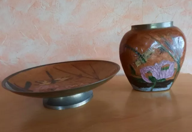 Vintage Antiquitäten Vase Und Teller Emaille messing Seerose