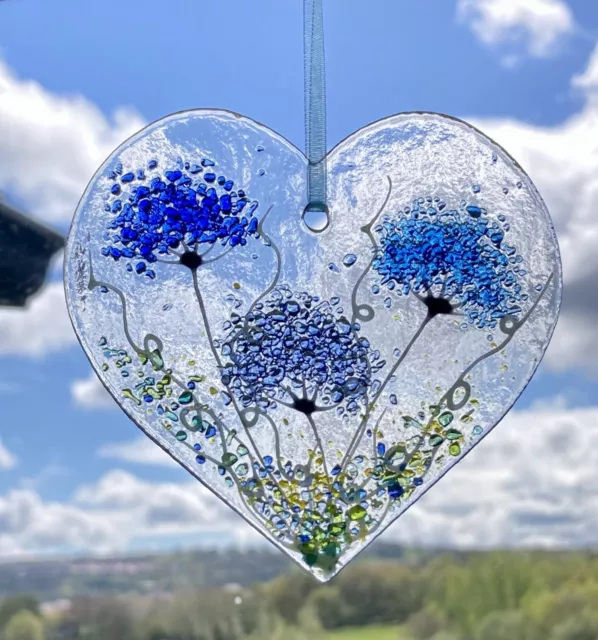 Hanging Whimsical Handmade fused glass art Blue Flower Heart