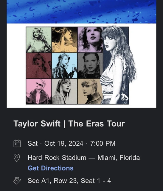 TAYLOR SWIFT THE Eras Tour, Miami, FL, 24 tickets available, Section
