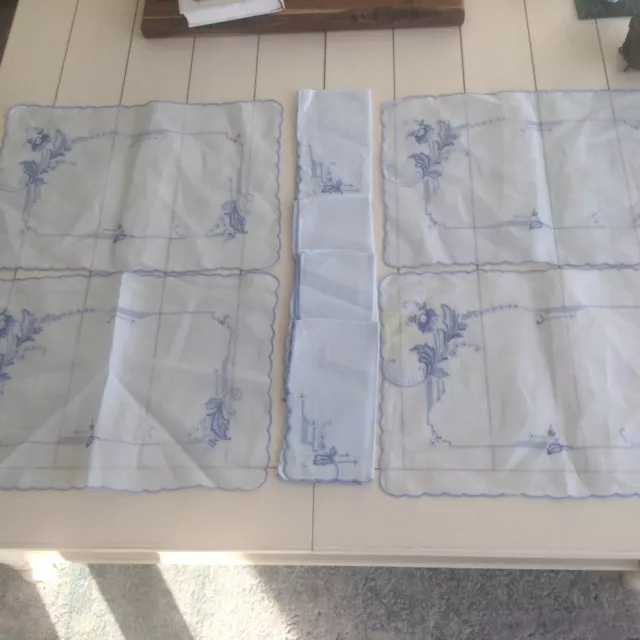 Set 4 Vintage Pale Blue Embroidered Linen Place Mats and Napkins Madeira