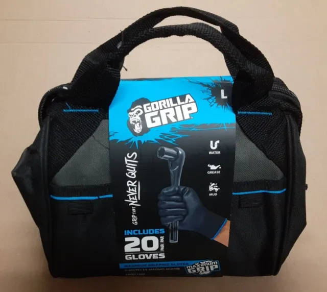 Gorilla Grip 20 Pair Large Glove Mechanic w Grab N Go Zipper Tool Bag Latex Free