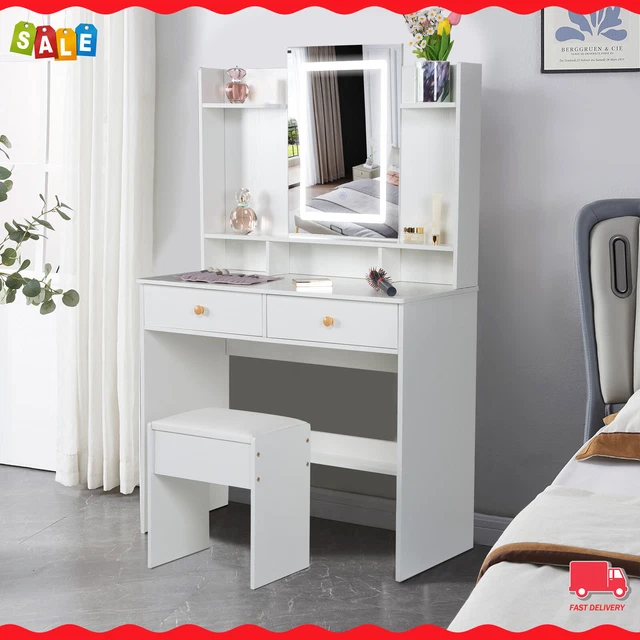 Makeup Dressing Table with 2 Drawer Storage Cabinet LED Mirror Vanity Dresser UK