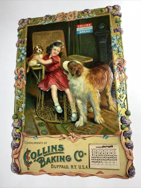 RARE 1911 Collins Bread Die cut Calendar Sign Girl w Dog Puppy Buffalo New York