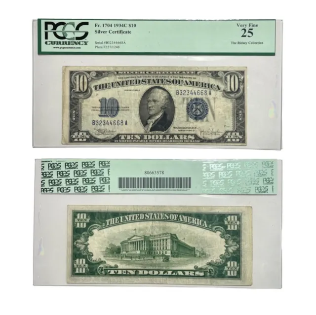 1934-C $10 (BA BLOCK) Silver Certificate PCGS VERY FINE VF25 PPQ