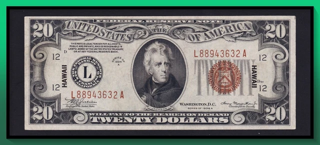 1934A $20 HAWAII *WWII Emergency* VF+ (NO RESERVE AUCTION)