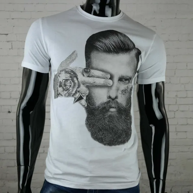 T-Shirt da UOMO Bianca Ragazzo con la Barba manica corta 100% in Cotone fashion