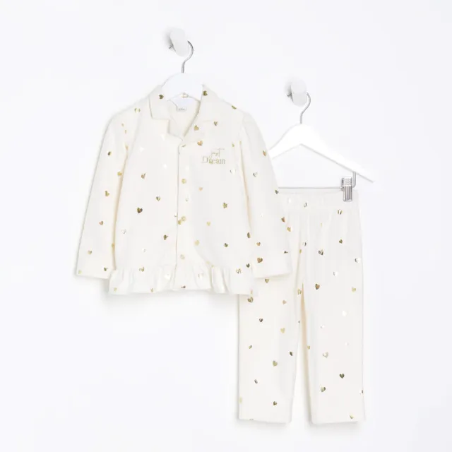 River Island Mini Girls Pyjama Set Cream Heart Print 2 Piece Outfit Sleepwear