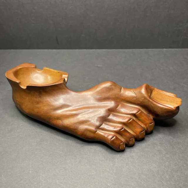 Vintage 1960s Ugly Foot Ashtray Hand-Carved Solid Wood With Gross Toenails