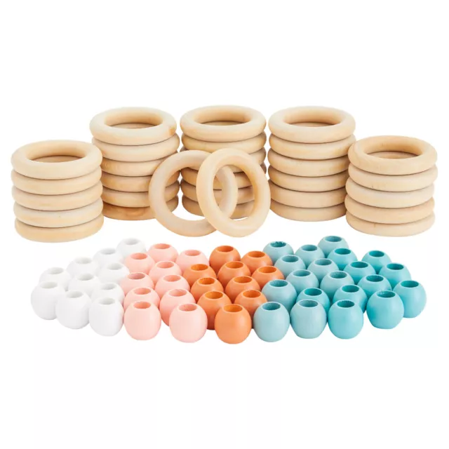 80 Pieces Unfinished Pastel Wood Beads and Wooden Rings for Macrame, DIY Crafts