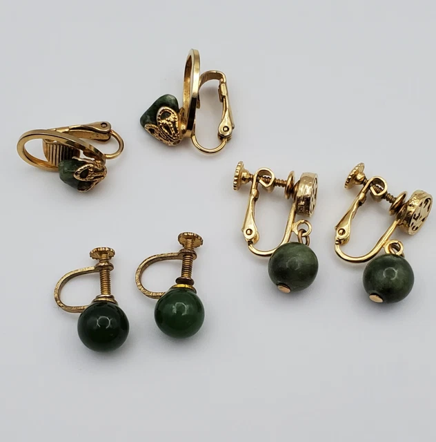 3 Pairs Vintage Jade Earrings Screw Back Clip On