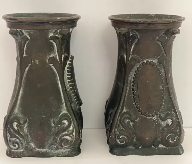 Pair Of Antique 100+ Years Old Bronze Ornate Vase Vessel Urns Planter Sculpture