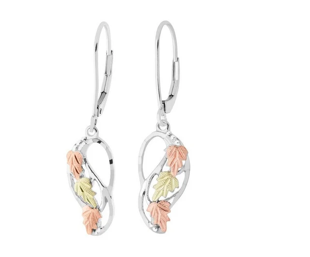 12k black hills gold on sterling silver three leaf dangle leverback earrings
