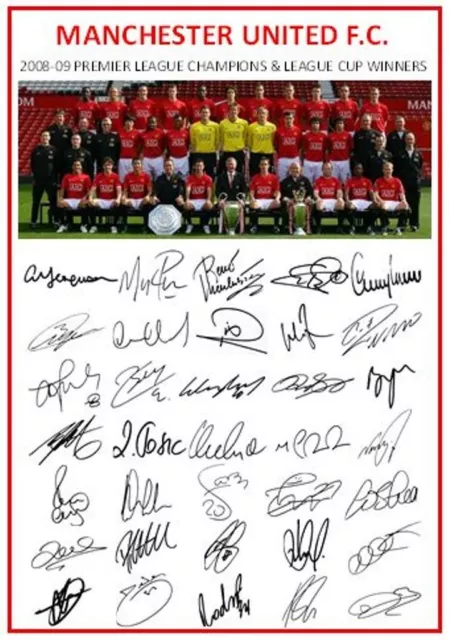 87. 2008-09 Manchester United Signed Team Photo Sheet (PRINTED AUTOGRAPHS - A4)