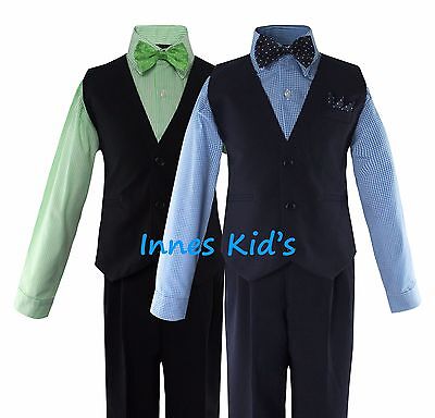Boys Solid Navy/Black Vest Suit Set with Checker/Stripe Dress Shirt Tie Wedding