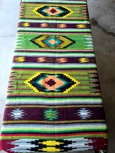 GORGEOUS Vtg Mexican Saltillo Woven Wool Southwest Cabin Camp Blanket 86"x51" ^