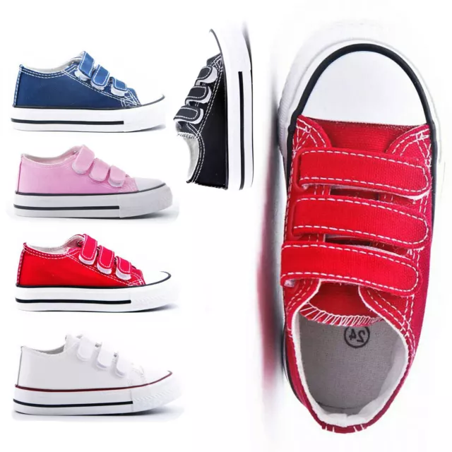 Scarpe Da Ginnastica In Tela Ragazzi Ragazze Pompe Basse Bambini Cinturino Plimsolls