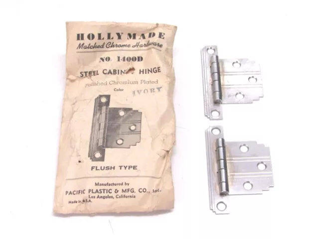 Nos! Vintage Holly Made Chrome Steel Flush Hinges, Ivory Lines, Stepped Corners