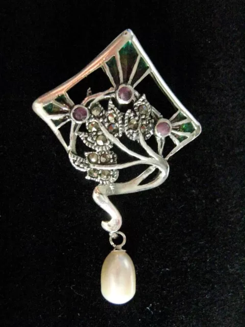 Sterling Silver French inspired Glass Ruby & Pearl 2 in 1 Brooch Pendant