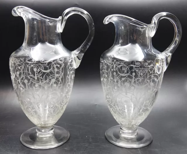 French ART DECO Baccarat Acid Etched Crystal Michelangelo Water Pitcher Pair