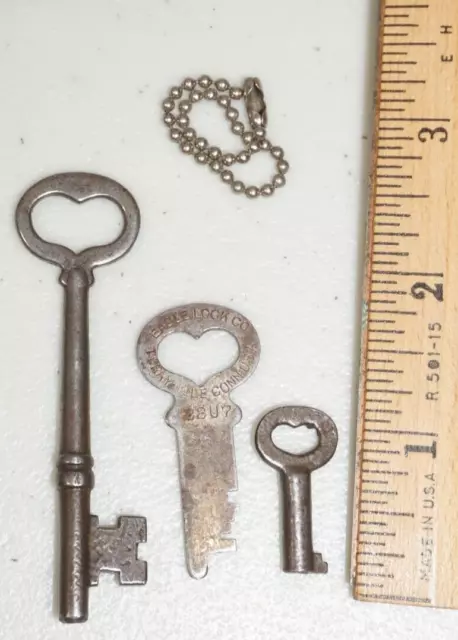 Lot of 3 Antique Vintage Heart Shaped Hole Skeleton Key