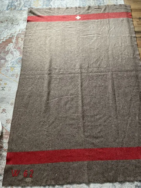 Vintage Swiss Army Wool Blanket  Twin Full Original EUC Brown Red Warm 1962 Camp