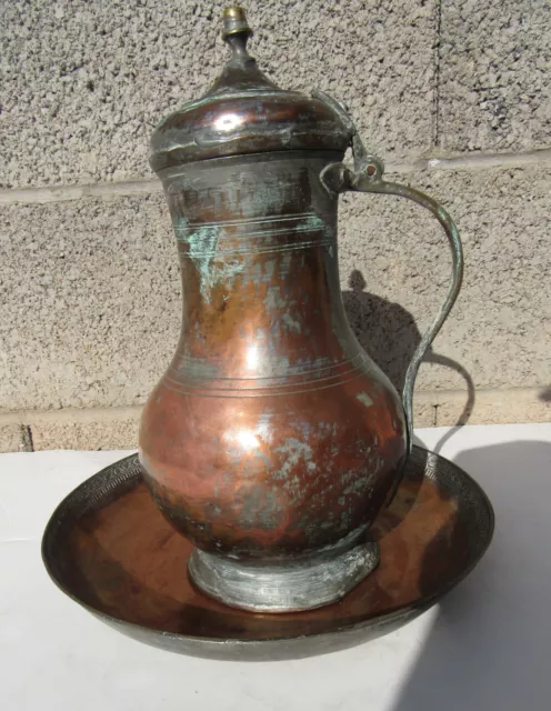 Fine Antique 19th Century Middle Eastern Arabic Lidded Copper Tinned Jug Pot