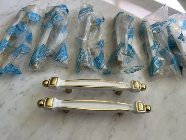 Vtg Drawer Pulls 8 gold brass white enamel Hallmack French Provincial USA 3”