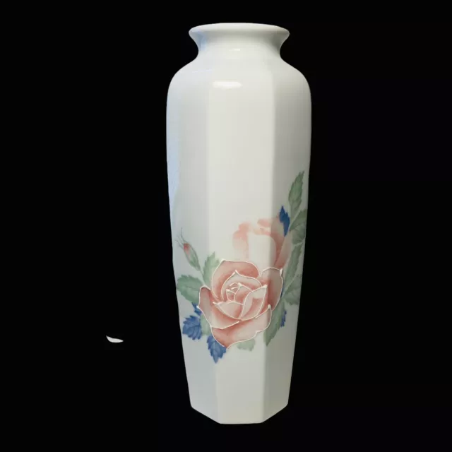 Vintage Otagiri Japan Porcelain Octagon Vase Pink Roses Blue Green White 6”