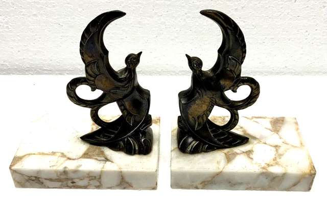PAIRE SERRE LIVRES Ancien Art Déco Oiseaux En Régule Sur Socle Marbre Noir EUR 30,00 - FR