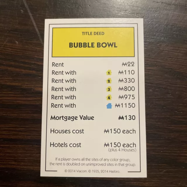 SpongeBob SquarePants Monopoly Replacement Property Deed Card Bubble Bowl