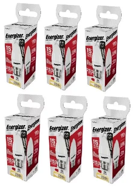 6 x Energizer LED Kerze B22 (BC) Glühbirnen | 250 Lumen 3W 2.700K Warmweiß
